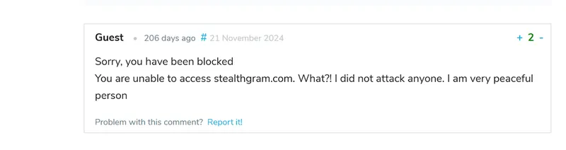 Screenshot showing user trying to use StealthGram— warning about being blocked