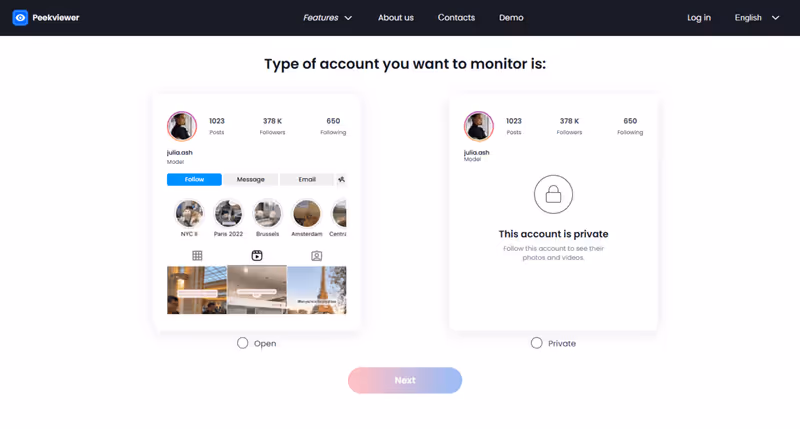 Using Peekviewer to save private Instagram stories – choose the option to monitor a public or private account