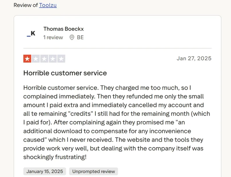 Customer review about the Toolzu app