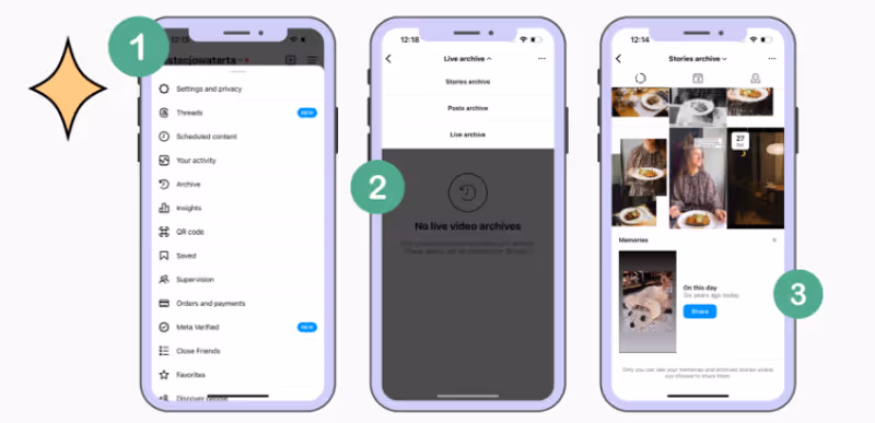 screenshots showing different steps to access archived stories on Instagram